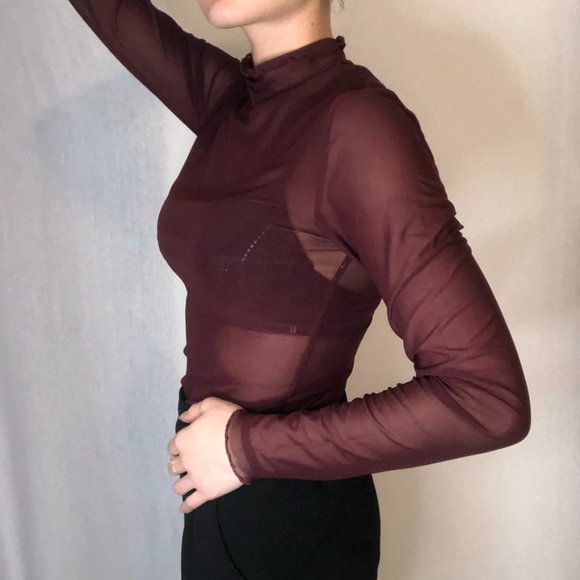 Maroon Mesh Cover Up Top, Long Sleeved Low Turtleneck - Picture 7 of 10